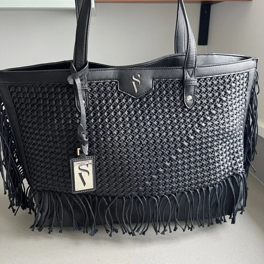 Simply Vera Wang Black Boswell Basketweave Fringe Faux Leather Black Satchel